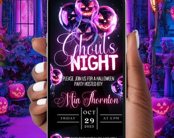 Uitnodiging voor feest Halloween-kostuum, Ghouls Night, schedels Halloween-filmavond, kinderpyjamafeest, bewerkbare zelfbewerking, cocktail en kostuums