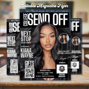 Editable College Send Off Evite, Farewell Party Invite, DIY Trunk Party Flyer, Black Magazine Cover, Goodbye Graduation Celebration
