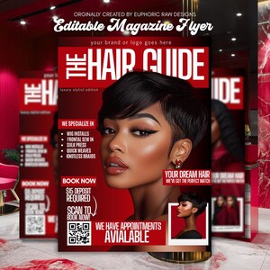 Roter Magazin-Buchungsflyer, DIY Canva-Vorlage, Friseurtermin, Beauty-Service-Promo, bearbeitbarer Salon-Flyer, digitaler Download