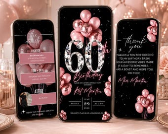 Invito video per il 60° compleanno, invito per una cena glamour nei toni del rosa cipria e dell'oro rosa, modello di programma per brunch con diamanti modificabile