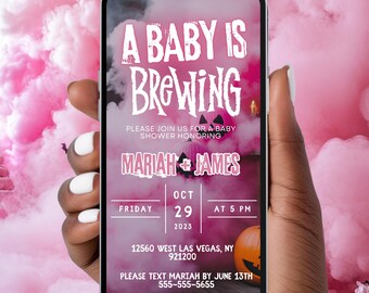 Inbjudan till Halloween-babyshower, en bebis brygger, digital häxinbjudan, läskig babyshower för flickor i oktober, mall för resplan för könsavslöjande