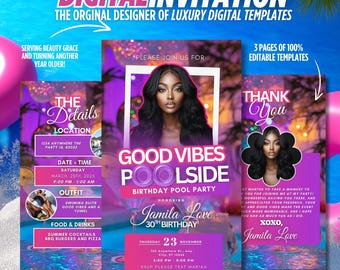 May include: A digital invitation for a poolside birthday party. The invitation features a purple and pink background with a photo of a woman in a pool. The text on the invitation reads "Good Vibes Poolside Birthday Pool Party Honoring Jamila Love 30th Birthday".