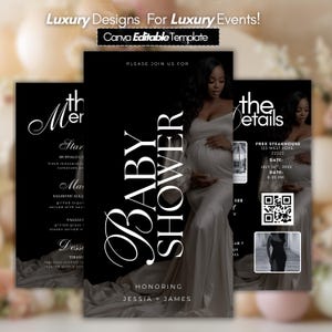 May include: Black and white baby shower invitation template with the text "Baby Shower" and "Honoring Jessia + James". The design includes a photo of a pregnant person in a white dress. The template is labeled "Canva Editable Template".