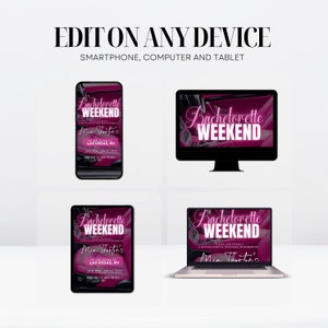 K&ouml;nnte beinhalten: Ein digitales Design f&uuml;r ein Junggesellinnenabschieds-Wochenende, das auf einem Smartphone, Computer, Tablet und Laptop angezeigt wird. Das Design zeigt den Text "Bachelorette Weekend" in einer kursiven Schriftart zusammen mit Eventdetails. Das Design ist in Pink- und Schwarzt&ouml;nen gehalten.