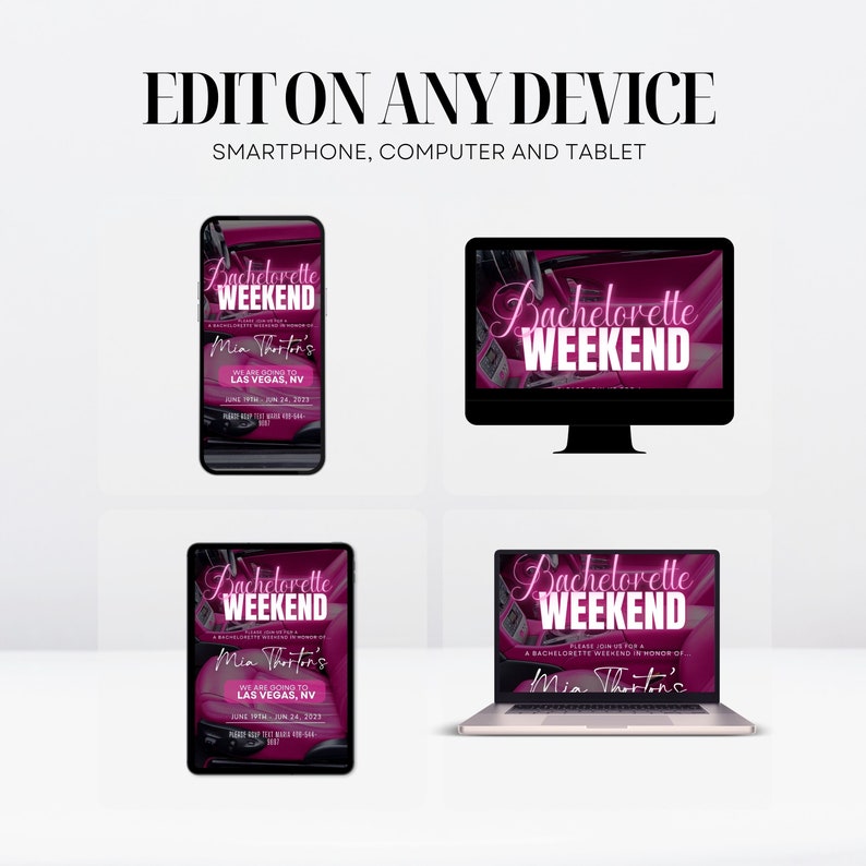 K&ouml;nnte beinhalten: Ein digitales Design f&uuml;r ein Junggesellinnenabschieds-Wochenende, das auf einem Smartphone, Computer, Tablet und Laptop angezeigt wird. Das Design zeigt den Text "Bachelorette Weekend" in einer kursiven Schriftart zusammen mit Eventdetails. Das Design ist in Pink- und Schwarzt&ouml;nen gehalten.