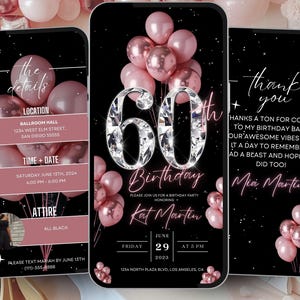 60. Geburtstagseinladung, Blush Pink Digitale 60er Jahre Glam Dinner Laden Vorlage, Diamant Video Bearbeitbare Brunch Reiseplanung, Roségold