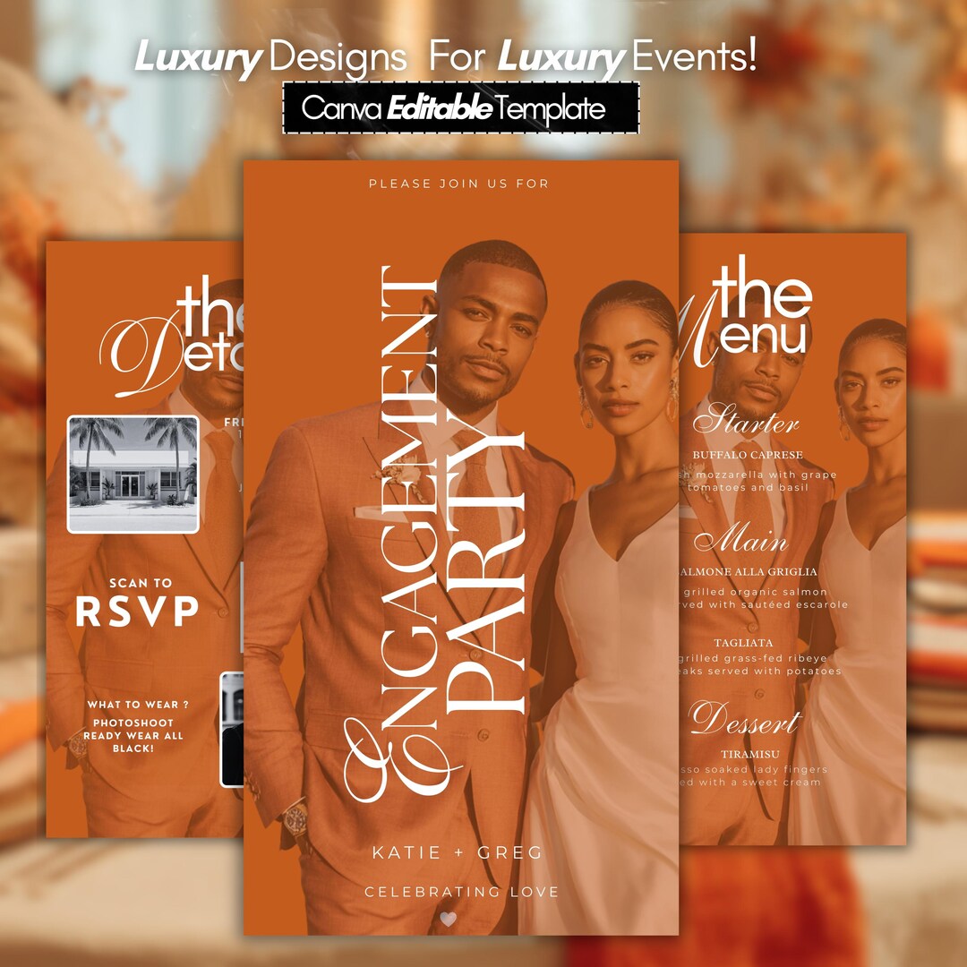 Luxury Old Money Engagement Party Invitation, Orange Editable Canva ...