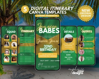 May include: Digital itinerary Canva templates for a trip to Jamaica, featuring a green, gold, and white design. The templates include sections for the squad, itinerary, details, and outfits. The text includes "Jamaica Babes" and "32nd Birthday".