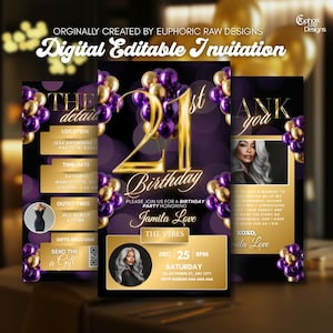 Luxury Purple and Gold 21st Birthday Invitation, Glam Editable Canva Template, Digital Dinner Party Flyer Birthday Invite, Save the Date