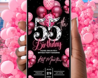 55th Birthday Invitation, Blush Pink Balloons Diamonds, Editable Digital 55th Glam Dinner Brunch Itinerary Template Video Birthday Invite