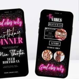 K&ouml;nnte beinhalten: Zwei schwarze Smartphone-Mockups mit einem pinkfarbenen Neon-Schild, auf dem "Good vibes only" auf einem schwarzen Hintergrund mit Glitzer steht. Das linke Telefon hat Text, der "Birthday Dinner" und "Mia Thorton 18th Birthday" sagt. Das rechte Telefon hat Text, der "The Vibes Restaurant" und "Floral Vibes" sagt.