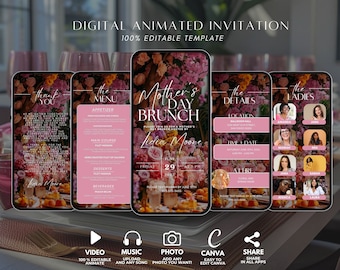 Mother’s Day Brunch Invite, Boho Floral Digital Event Itinerary, Animated Video Invitation, Mom and Mimosa's, Happy Mother’s Day Flyer,
