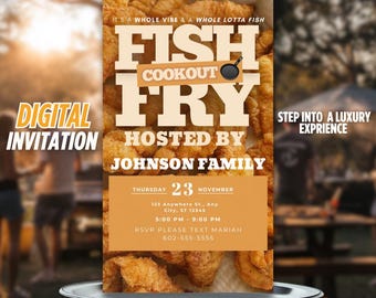 Puede incluir: Invitación digital para una comida de pescado frito organizada por la familia Johnson. La invitación presenta una imagen de pescado frito y el texto "Fish Fry Cookout" en un esquema de colores amarillo y naranja. El evento está programado para el jueves 23 de noviembre, de 17:00 a 21:00 horas en 123 Anywhere St., Any City, ST 12345. RSVP enviando un mensaje de texto a Mariah al 602-555-5555.