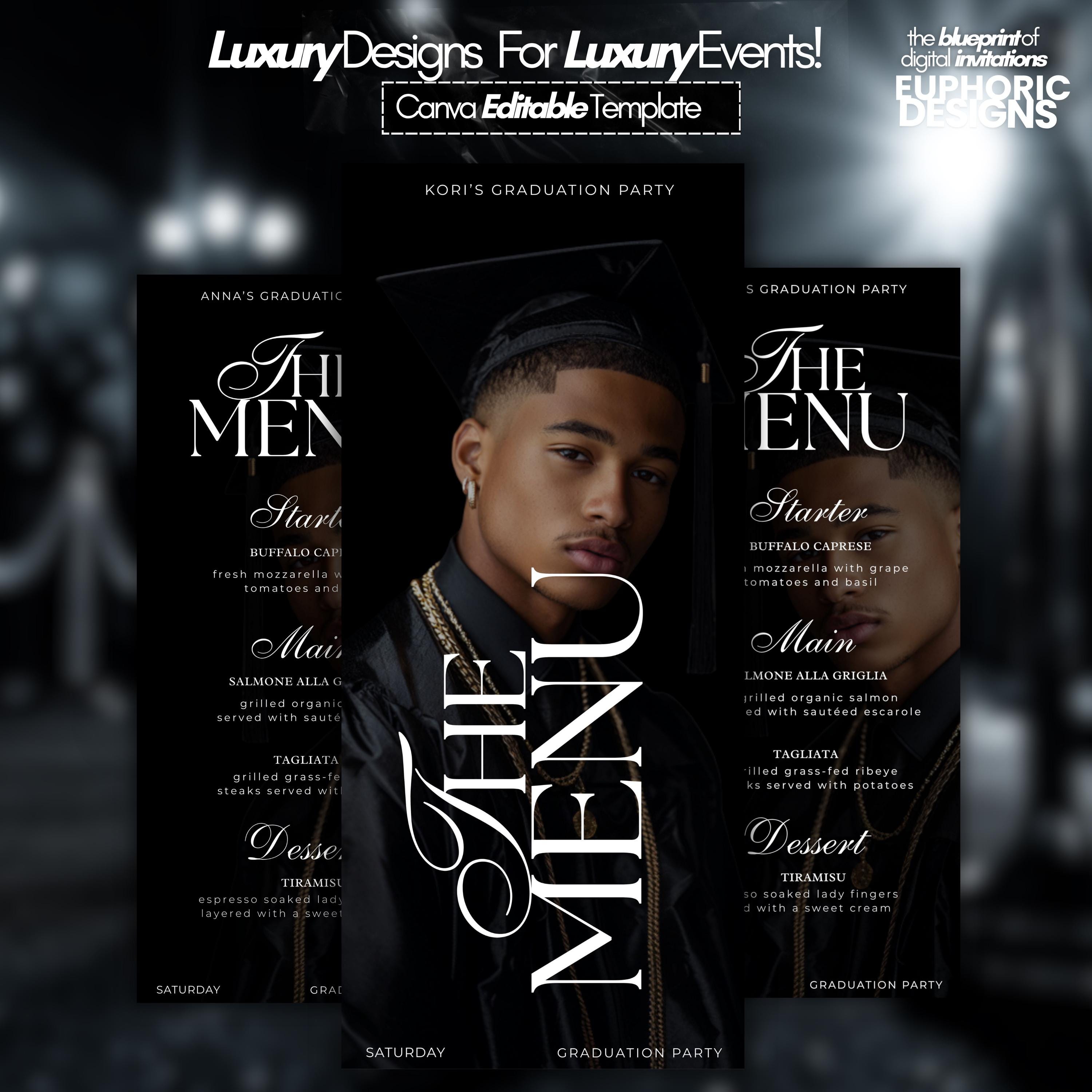 Graduation Menu Template, Editable Black Grad Party Dinner Card ...