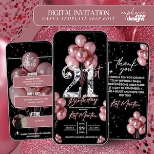 May include: A digital invitation for a 21st birthday party. The invitation features a black background with pink and gold balloons, a diamond-encrusted number 21, and the text "Birthday" and "Kat Marten". The invitation also includes the date, time, and location of the party.
