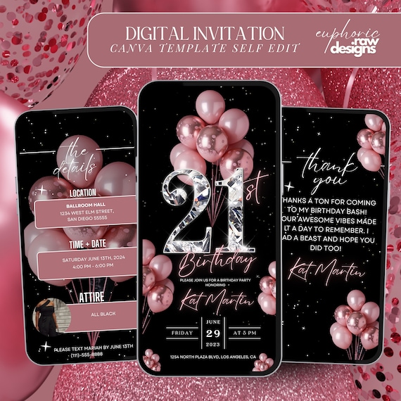 21st Birthday Party Invitation, Pink Digital 21st Glam Dinner Invite Template, Diamond Video Editable Brunch Itinerary
