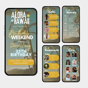 May include: A digital invitation for a birthday weekend in Honolulu, Hawaii, featuring a tropical theme with palm trees and a sunset backdrop. The invitation includes details for the event, including the date, honoree's name, and RSVP information.