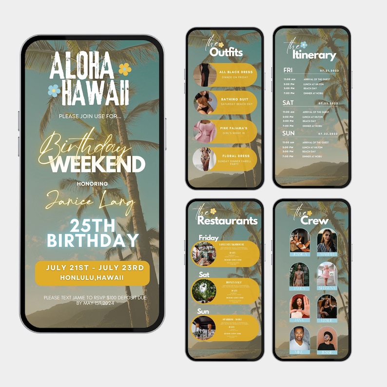 May include: A digital invitation for a birthday weekend in Honolulu, Hawaii, featuring a tropical theme with palm trees and a sunset backdrop. The invitation includes details for the event, including the date, honoree's name, and RSVP information.