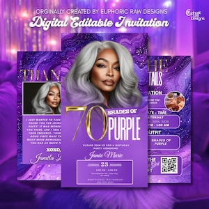 70 Shades of Purple Birthday Invite Video, Purple & Gold Template, Luxe Editable 70th Birthday Design, DIY Party Invite for Girls, Women