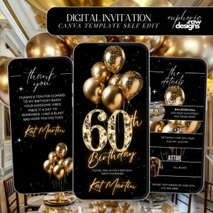 60th Birthday Party Invitation, Gold Black Digital 60th Glam Dinner Invite Template, Diamond Video Editable Brunch Itinerary,