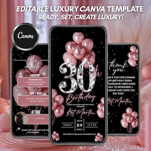 Invito per la festa del 30° compleanno, invito digitale per cena glamour con palloncini rosa e oro rosa, modello di itinerario per brunch modificabile con video a forma di diamante