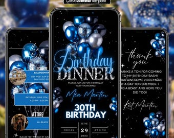 Birthday Dinner Invitation, Elegant Digital Birthday Party Invite, Blue Silver Formal Affair Party, Animated Self Editable Template