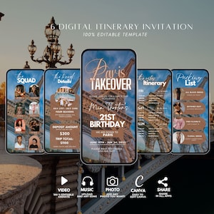 Convite digital para roteiro de viagem a Paris, férias de fim de semana para aniversário de meninas, guia de modelo de viagem para Paris, França, planejador de roteiro de Paris