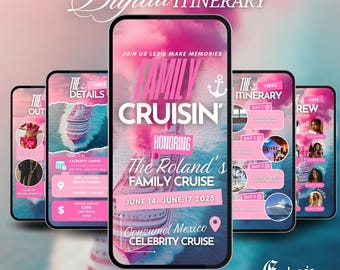 Pode incluir: Um itinerário digital para um cruzeiro familiar num navio de cruzeiros Celebrity. O itinerário inclui detalhes sobre o cruzeiro, incluindo as datas, o destino e as atividades. O cruzeiro homenageia The Roland's Family Cruise. O itinerário é rosa e branco com uma imagem de um navio de cruzeiros.