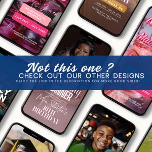 May include: A collection of digital invitations for various events, including a birthday party, a bachelorette party, and a trip to Las Vegas. The invitations feature colorful backgrounds and text, and some include photos of people.