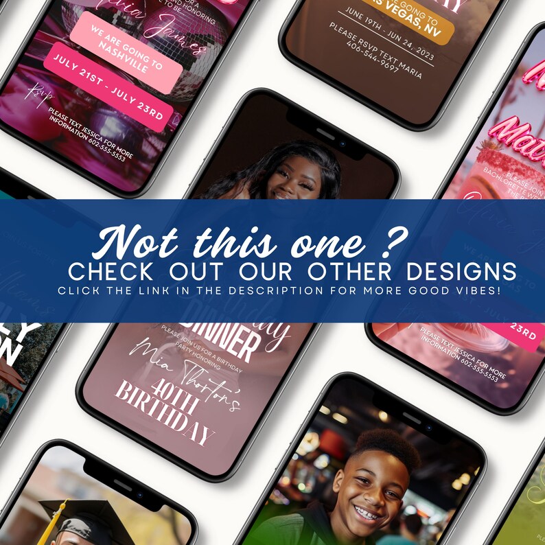 May include: A collection of digital invitations for various events, including a birthday party, a bachelorette party, and a trip to Las Vegas. The invitations feature colorful backgrounds and text, and some include photos of people.