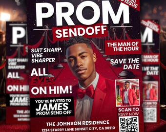 Prom Send Off Magazine Invitation, Prom King Party Invite, Boys Prom Night Flyer, Red Editable Canva Template, High School Digital Download