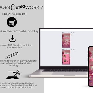 Op de afbeelding: Een laptopscherm toont een Canva-ontwerptemplate voor een verjaardags-dineruitnodiging. De template heeft een roze en witte kleurstelling met een foto van wijnglazen en een tafeldekking. De tekst op de template luidt "Verjaardags-diner" en "30e verjaardag".
