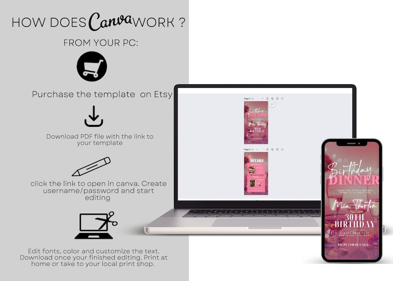 Op de afbeelding: Een laptopscherm toont een Canva-ontwerptemplate voor een verjaardags-dineruitnodiging. De template heeft een roze en witte kleurstelling met een foto van wijnglazen en een tafeldekking. De tekst op de template luidt "Verjaardags-diner" en "30e verjaardag".