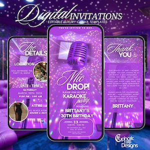 Karaoke Party Birthday Invitation, Animated Karaoke Night Invite, Digital Singing Musical Birthday Evite, Girls Night, Editable DIY Template