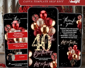 40th Birthday Party Invitation, Red Gold Digital 40th Glam Dinner Invite Template, Diamond Video Editable Brunch Itinerary