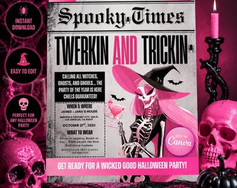 May include: A rectangular Halloween party flyer titled Spooky Times with the headline TWERKIN AND TRICKIN. The flyer features a pink-haired witch illustration, event details for October 21st, 2025, and a pink banner stating GET READY FOR A WICKED GOOD HALLOWEEN PARTY.