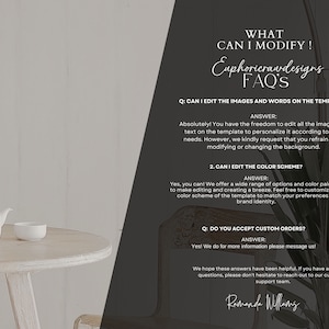 May include: A digital FAQ template with the text "WHAT CAN I MODIFY! Euphoricrawdesigns FAQ'S". The template includes questions and answers about editing images, color schemes, and custom orders. A white teapot and cup sit on a light wood table.