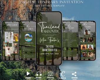 Invitation itinéraire numérique Thaïlande, anniversaire de filles voyage escapade, Phuket Planner, Bangkok voyage vacances, modèle de planification de week-end