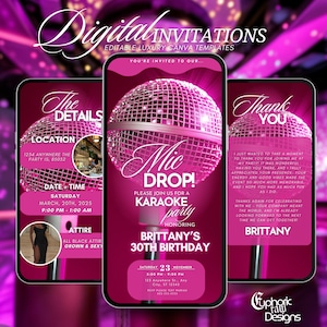 Karaoke Party Birthday Invitation, Animated Karaoke Night Invite, Digital Singing Musical Birthday Evite, Girls Night, Editable DIY Template