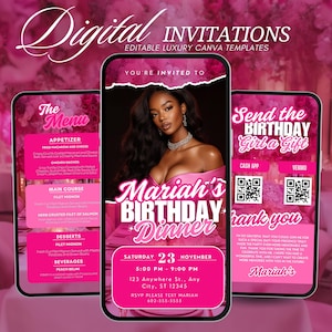 Pink Birthday Dinner Invitation, Digital Birthday Party Invite, Editable Text Evite Template, Elegant Dinner Party Instant Download