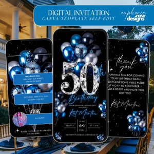 Invito per la festa del 50° compleanno, modello di invito digitale per la cena glamour del 50° compleanno in argento blu, itinerario del brunch modificabile con video a forma di diamante
