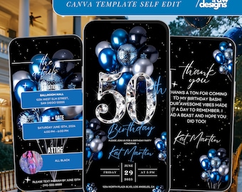 50th Birthday Party Invitation, Blue Sliver Digital 50th Glam Dinner Invite Template, Diamond Video Editable Brunch Itinerary