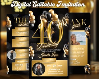 Gold Animated 40th Birthday Invitation, Digital Flyer Black Video Evite, Birthday Dinner Party, Editable Template, Canva Invite, Glam Design