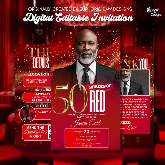 50th Birthday Invitation for Men, Editable Red Gold Dinner Party Evite,  Classy Digital Template, 50th Milestone Celebration Invite for Him - Etsy