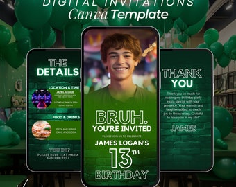 Neon Green 13th Birthday Invitation: Video Game Party (Digital Template)