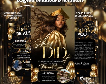 Gold She Did It Graduation Invitation, Animated Class of 2026 Digital Evite, Editable Women Grad Party Invite, College High School Template
