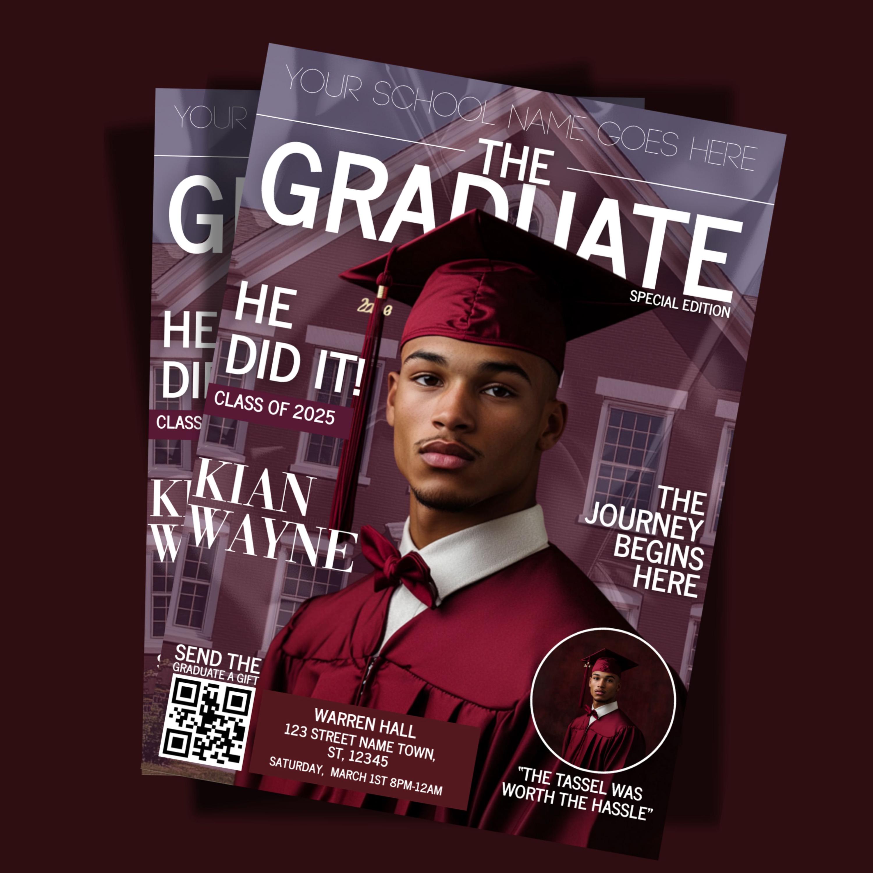 Graduation Invite Magazine Style for Boys, Maroon DIY Editable Flyer ...