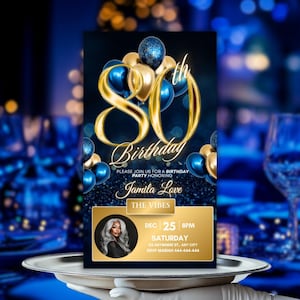 80th Birthday Invitation, Blue Gold Animated Evite, 80th Elegant Balloon Party Invite, DIY Editable Itinerary, Mobile Invite for Men Women