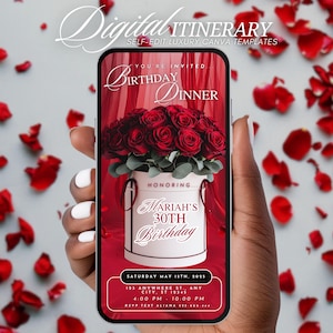 Animated Birthday Dinner Video Invitation, Roses Customizable Dinner Birthday evite Template, Red Dinner Social Media Digital DIY Invite