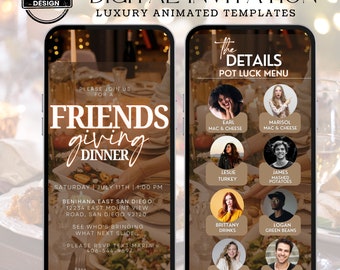 May include: Digital invitation template for a Friendsgiving dinner. The design features two smartphones displaying the invitation details. The left screen shows the event details, while the right screen lists the potluck menu with guest names and dishes.